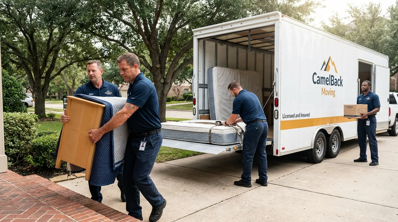 Crew loading residential truck for cross-state move from Erick, OK