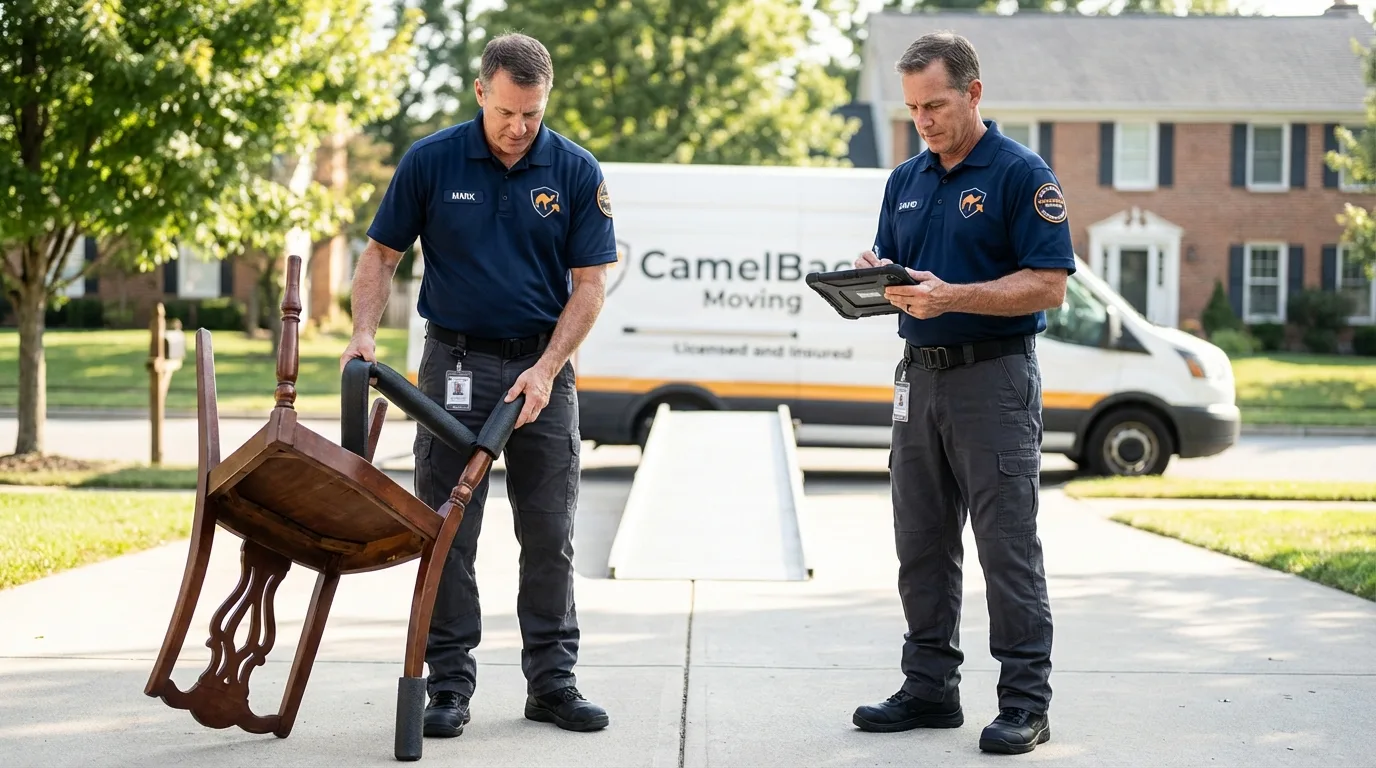 Movers inspecting furniture for damage prevention before loading in Erick, OK