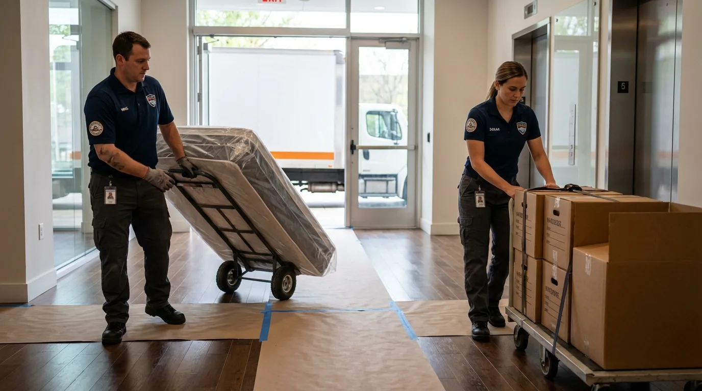 Professional apartment movers loading elevator in Erick, OK