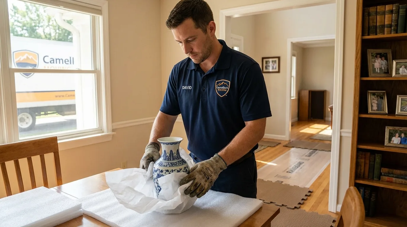 Professional crew carefully wrapping antique vase for senior downsizing move in Erick, OK