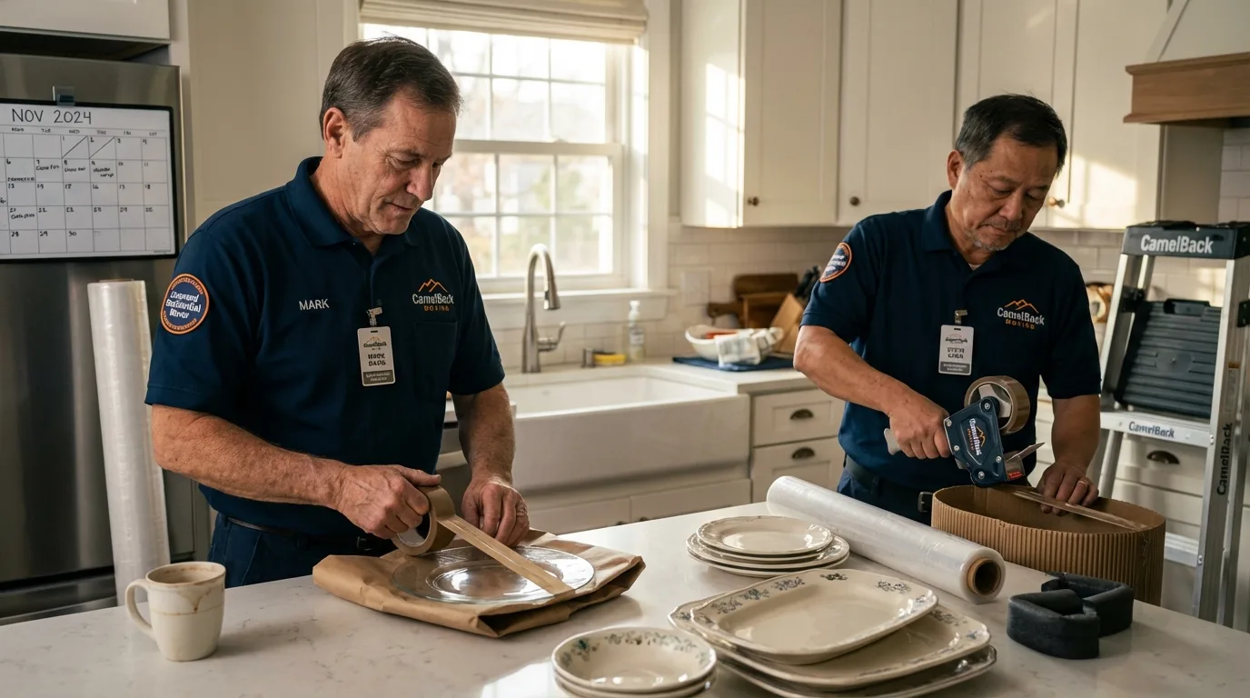 Professional crew packing kitchen dishware in Erick, OK